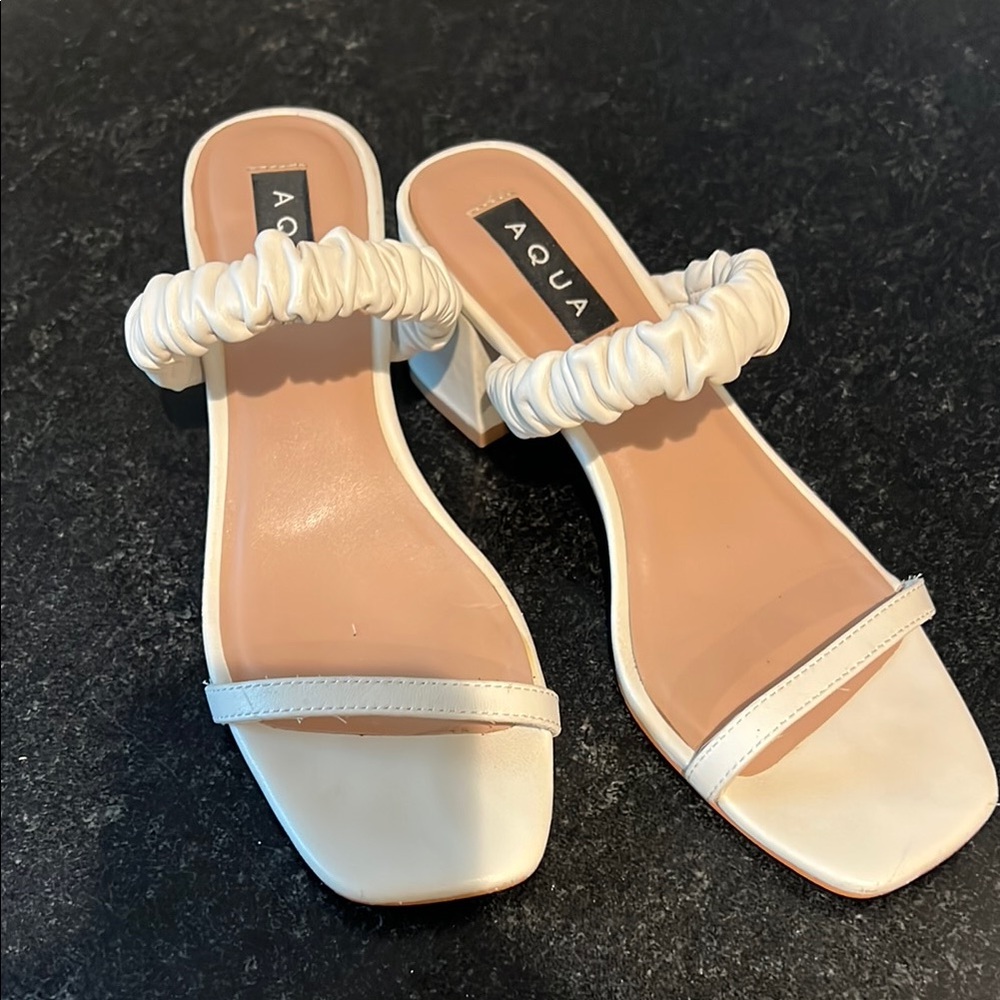 Aqua Cream Mules with Ruched Straps and Block Heel